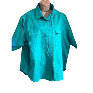 Vtg Lauren Brooke Womens Teal Button-Up Short Sleeve Shirt Lightweight